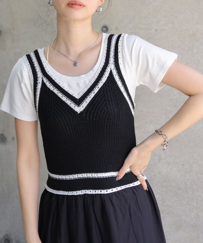 日本 Bab - 純棉針織拼接渡假風無袖洋裝-淺米杏