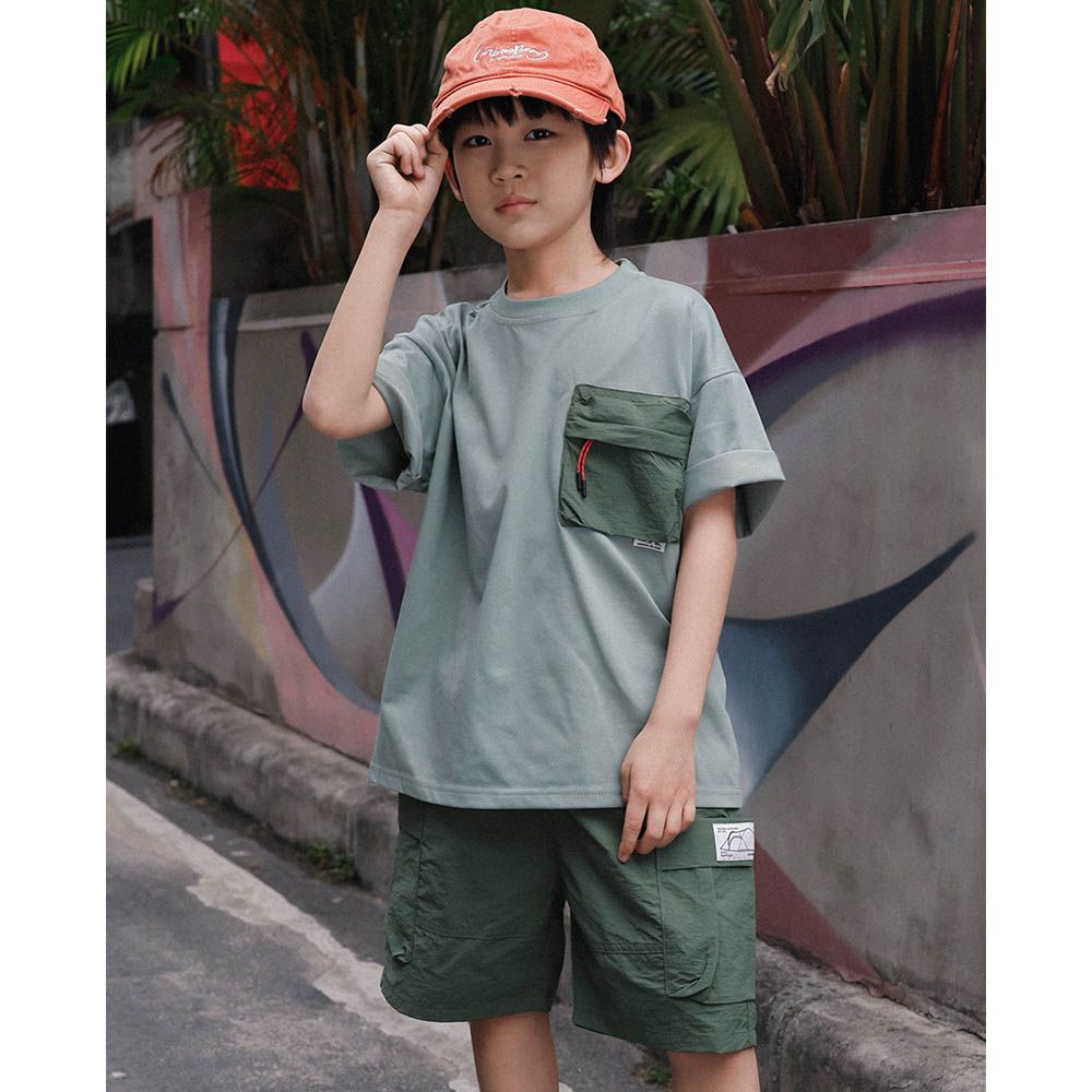 圓領短袖上衣+五分褲兩件式套裝-綠色