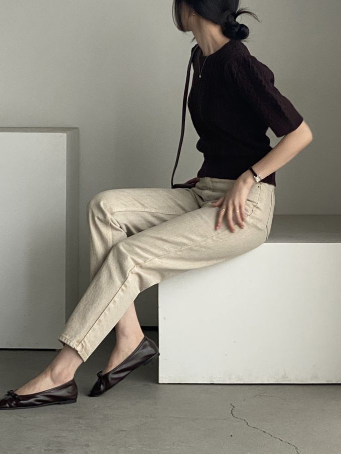 韓國女裝連線 - 麻花辮編織五分袖針織上衣-咖啡紅 (FREE)