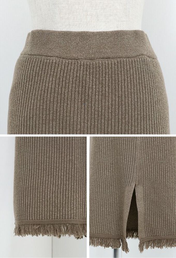 日本 BLUE EAST - 微閃亮羅紋針織流蘇開叉鉛筆裙-摩卡