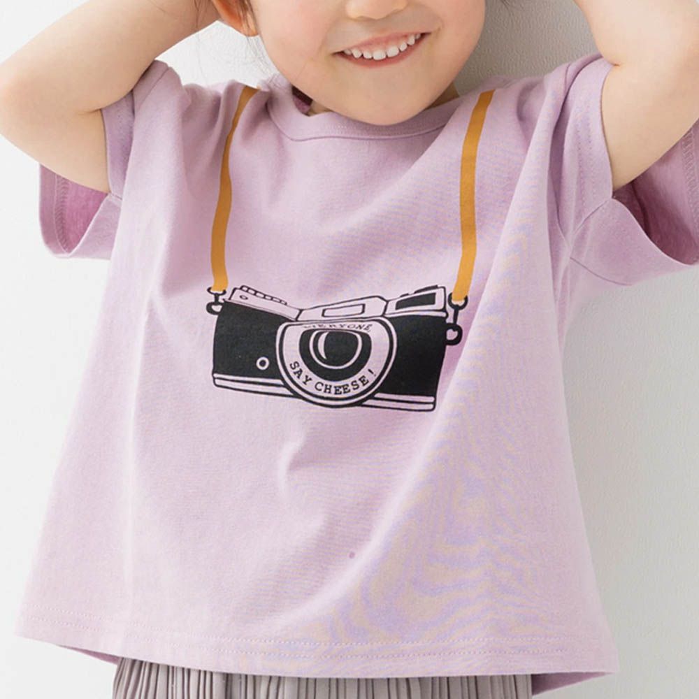 100%棉 定番印花短袖上衣-相機-粉紫