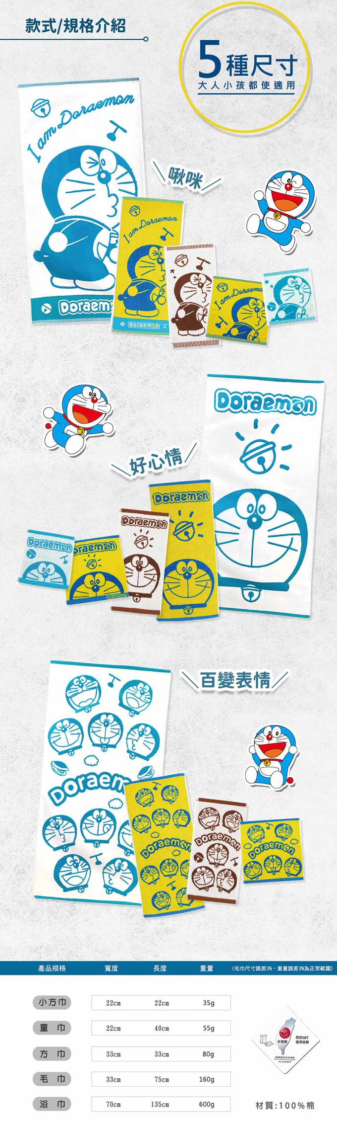 MORINO - (4條組) 哆啦A夢Doraemon小叮噹｜MIT 純棉吸水速乾緹花毛巾-緹花-55g/條