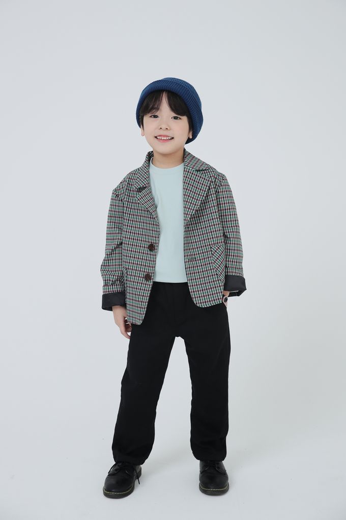 韓國 Coco Bang - 多彩色線格紋翻領西裝外套-咖X紅X綠X藍紫