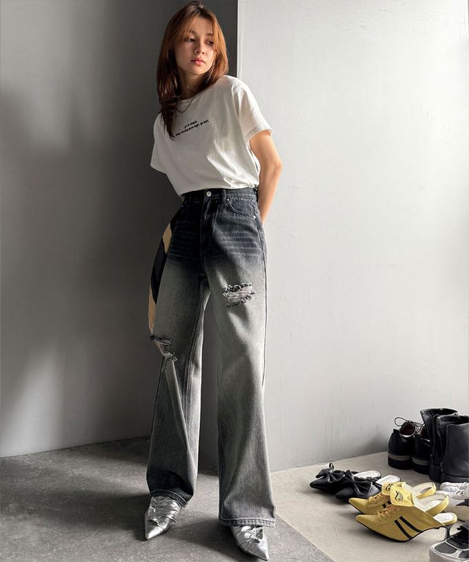 日本 Classical Elf - Java 率性有型刷破寬版丹寧褲-漂白黑