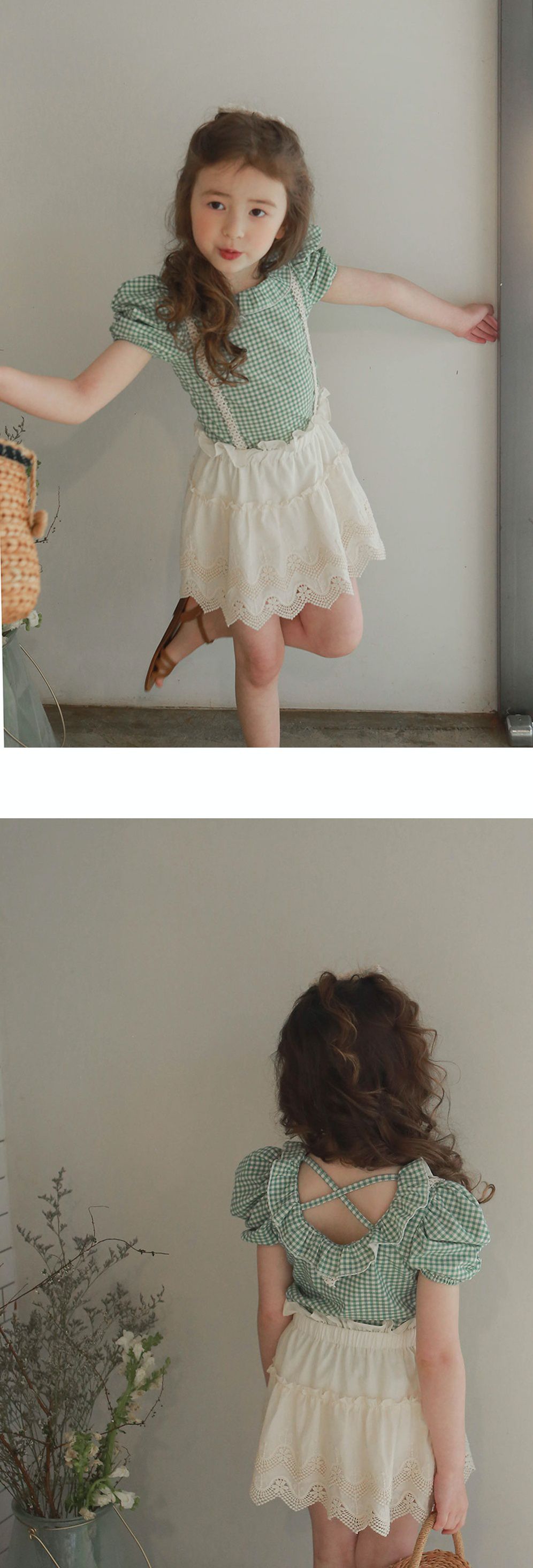 韓國 PuellaFLO - (現省50元)格子精靈套裝-綠上衣X米白裙