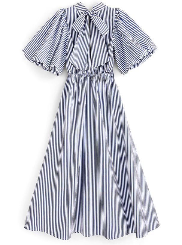 日本 GRL - 文藝浪漫後綁帶泡泡袖洋裝-直條紋-奶茶棕