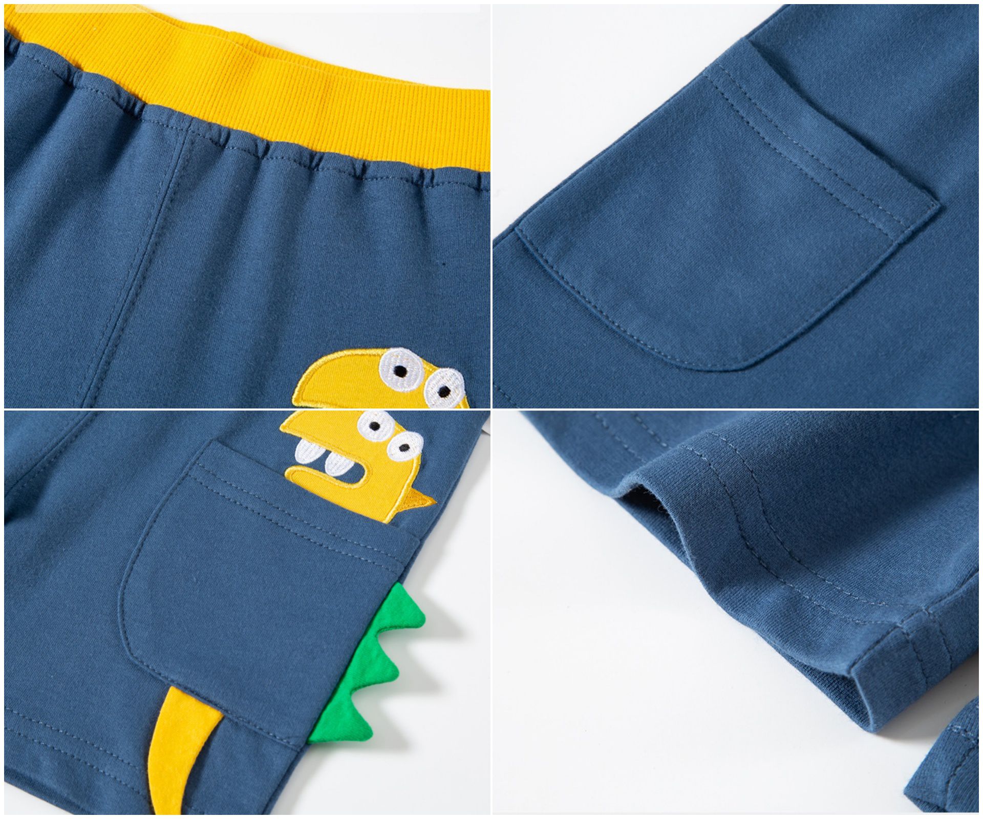 純棉運動短褲-口袋恐龍-藍色