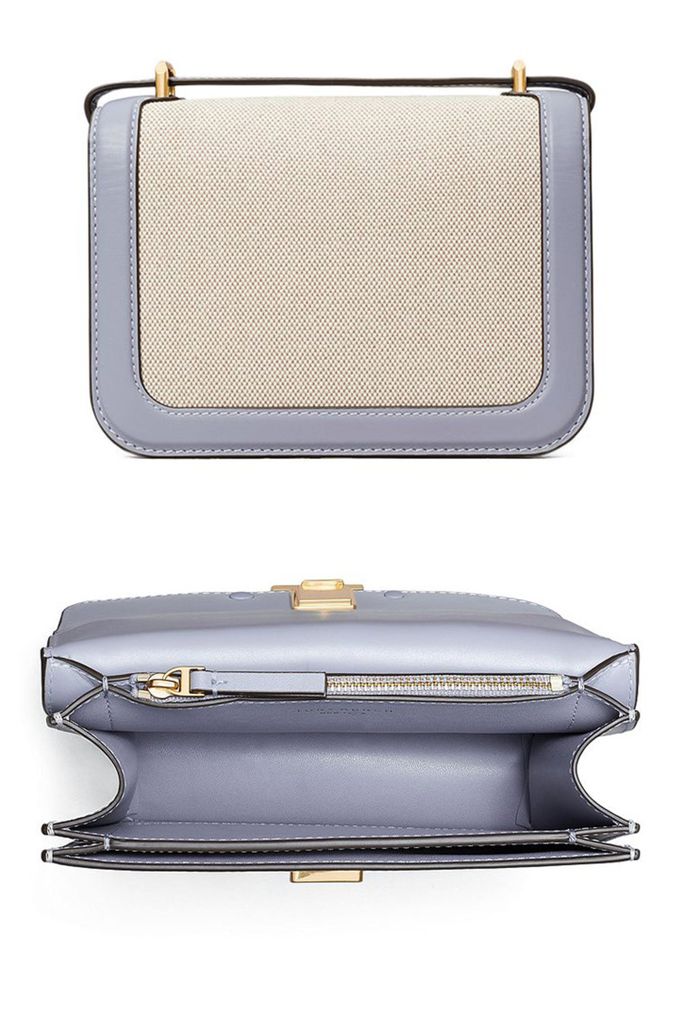 TORY BURCH - 復古拼接皮革翻蓋斜背包-卡其滾藍邊