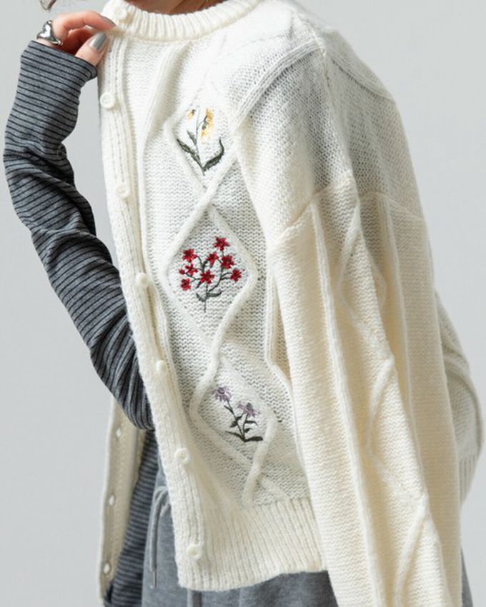 日本 gleam - 文藝風小花刺繡立體針織開襟衫-黑