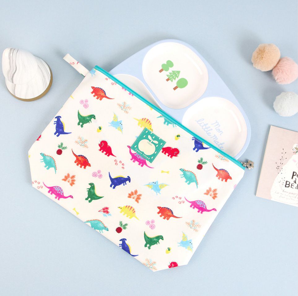 韓國 Coney Island - 寬底防水拉鍊收納袋-大(可放餐盤)-七彩恐龍 (30X21X7cm)