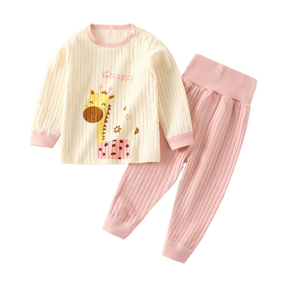 高腰長褲 長袖套裝 寶寶開檔長褲 兒童肩扣長袖上衣-粉長頸鹿