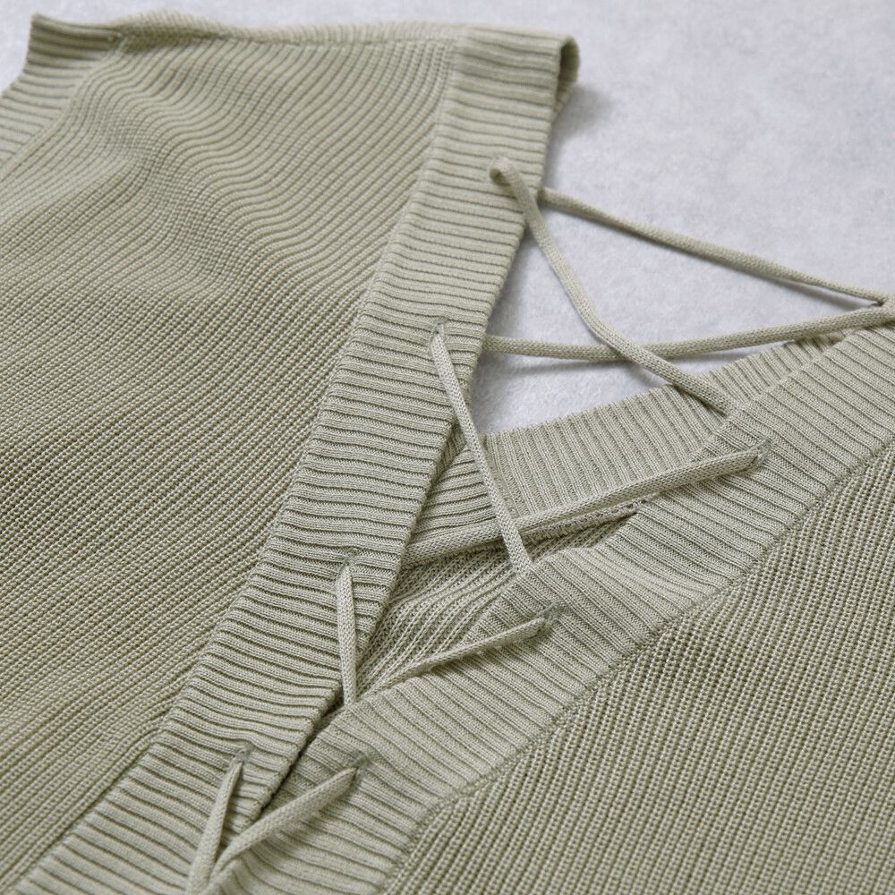 日本女裝代購 - 後綁帶V領落肩針織背心-橄欖綠