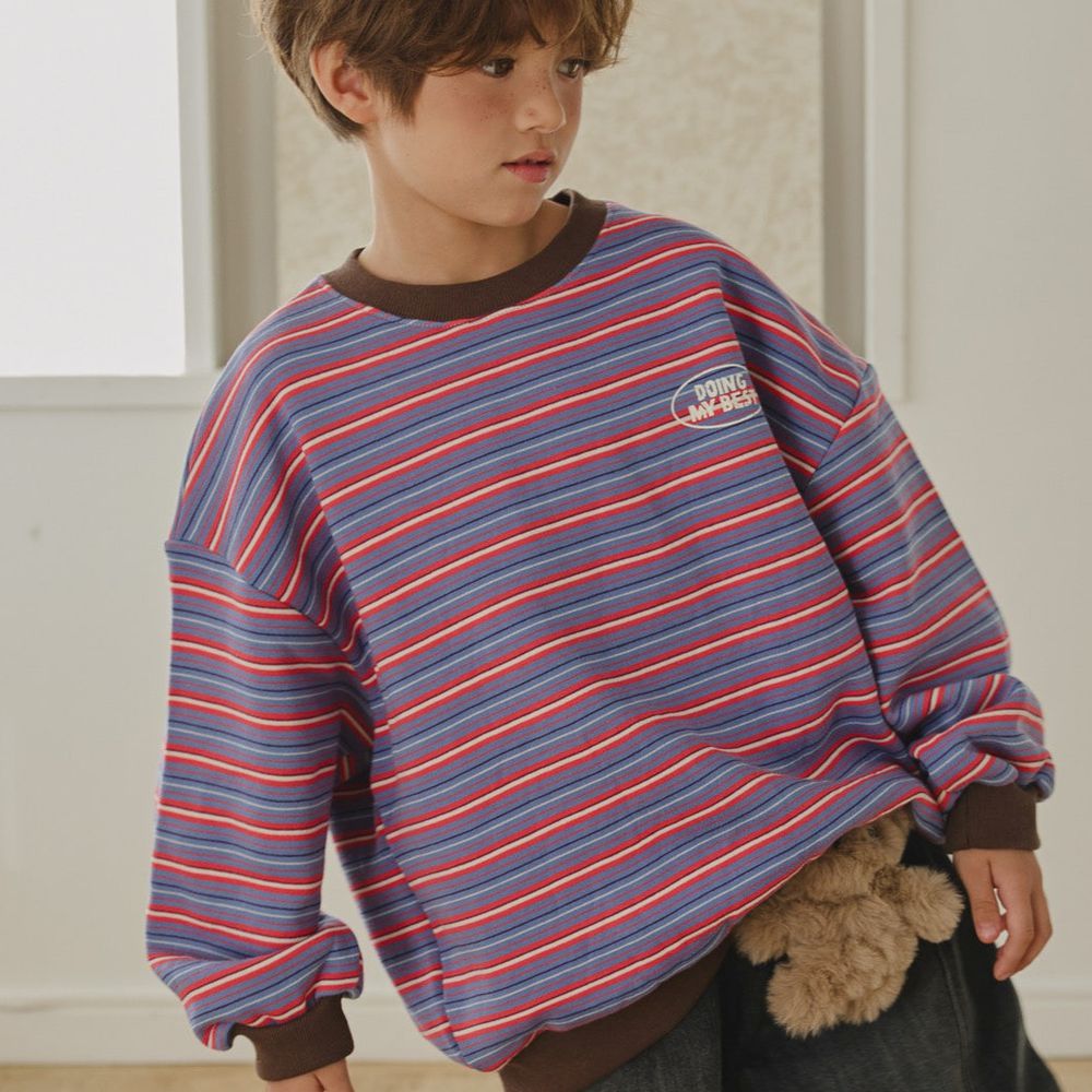 HIKIKI (內磨毛)撞色條紋長袖大學T-紅X藍紫