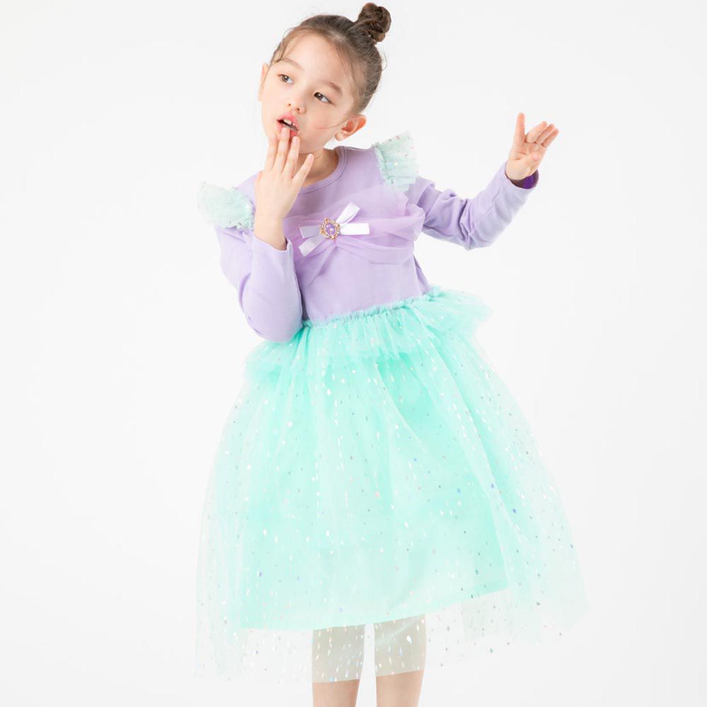 韓國 OZKIZ - 海洋公主寶石裝飾網紗洋裝-紫X湖水綠