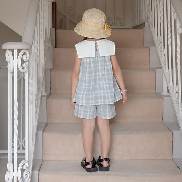 日本 Lycee mine - 可愛水手領無袖上衣-格子-粉紅