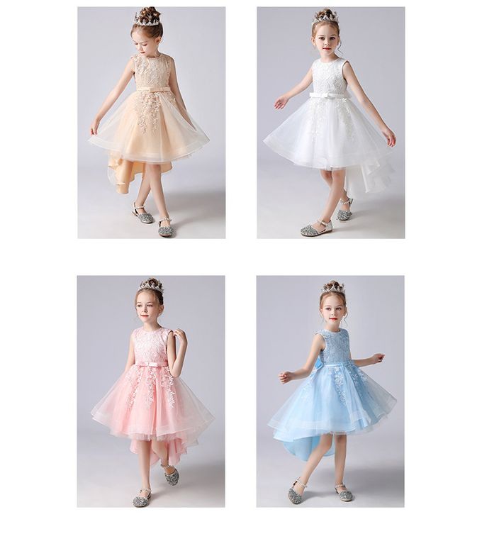 蕾絲圓領前短後長小禮服-淺藍色