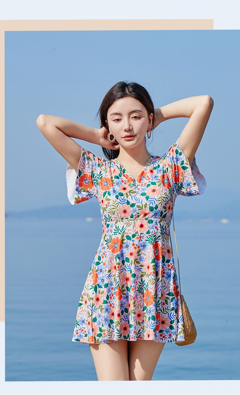 甜美碎花修身顯瘦遮肉連身裙泳衣-滿版花花-深藍+橘