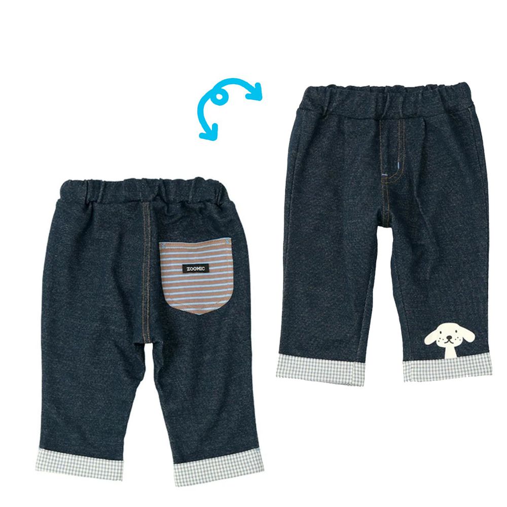 日本 ZOOLAND - 丹寧針織拼接七分褲-小狗格紋-深藍