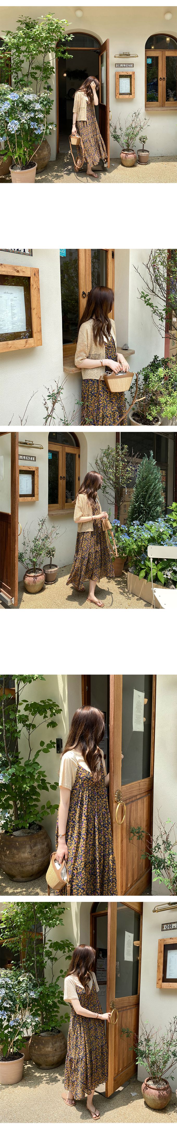 韓國女裝代購 - 復古花漾細肩帶連身洋裝-黃紫 (FREE)