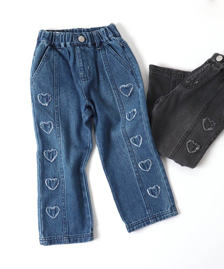 日本 BREEZE - 心形刺繡牛仔廓形長褲-海軍藍