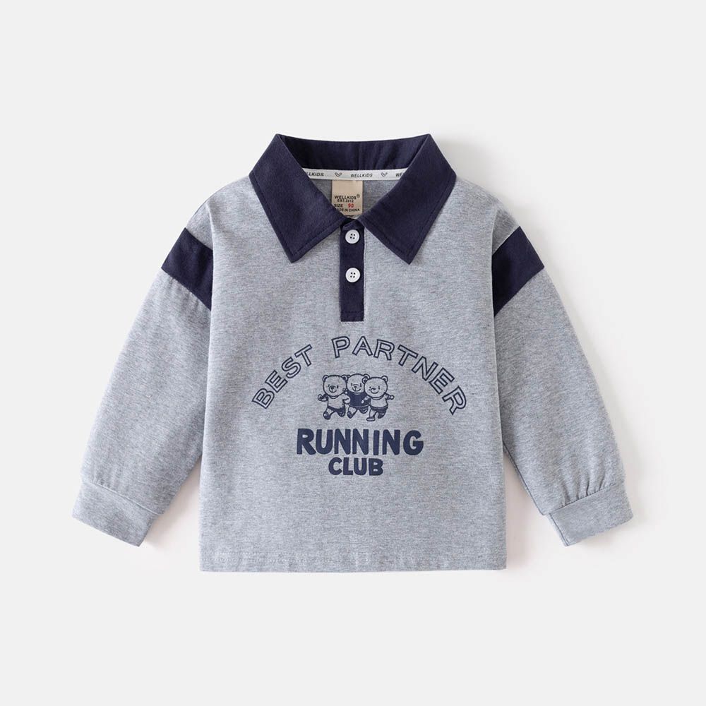 拼色翻領長袖上衣-熊熊好朋友-灰色