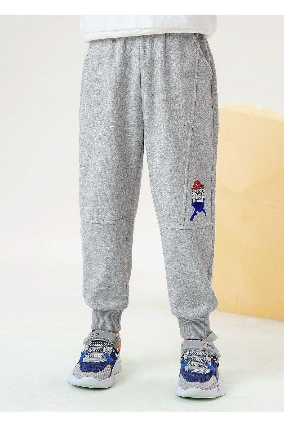 卡通汪汪隊棉質束口休閒運動長褲-卡通人物毛毛-灰色