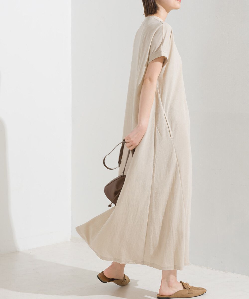 日本 OMNES - 涼感機能 嫘縈混圓領短袖洋裝-摩卡