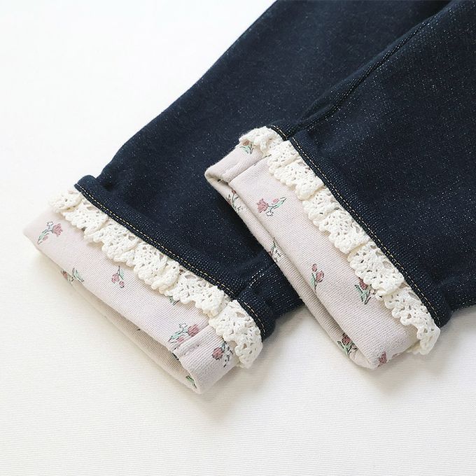 日本 ZOOLAND - 甜美荷葉花朵反摺七分褲-櫻桃刺繡-海軍藍