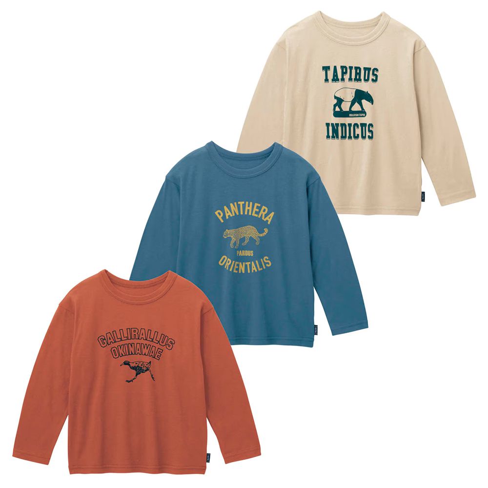 超值三件組 100%純棉印花長袖上衣-動物系-磚紅藍燕麥