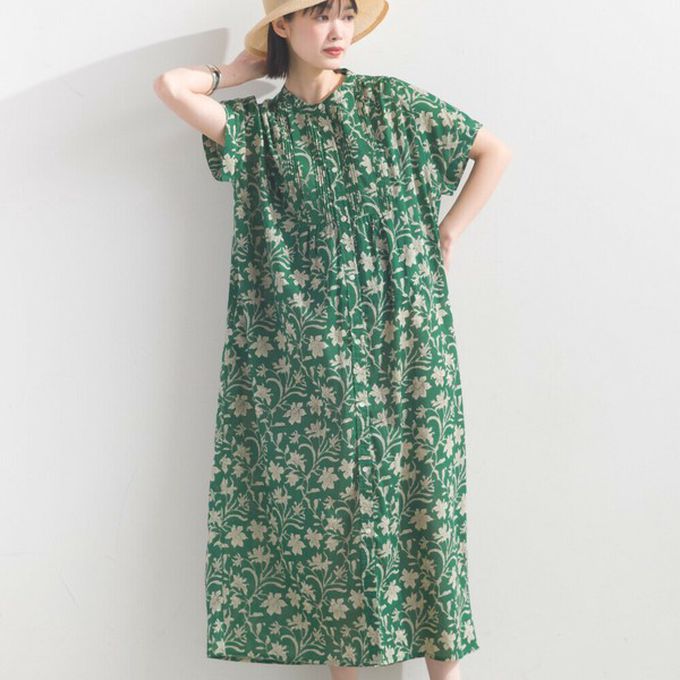 日本 OMNES - 100%印度棉 襯衫式印花短袖洋裝-淺棕條紋