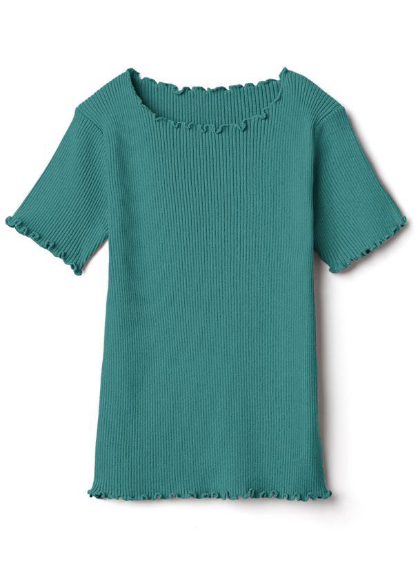 日本 GRL - 圓領木耳捲邊合身短袖上衣-煙燻粉