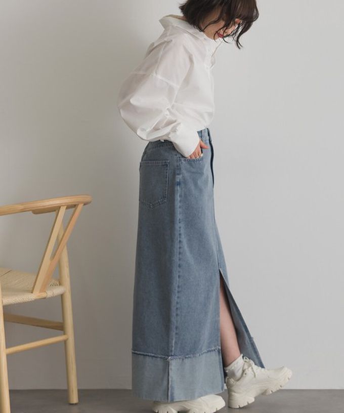 日本 ELENCARE DUE - 10oz抽鬚摺邊俐落前開叉牛仔長裙-海軍藍