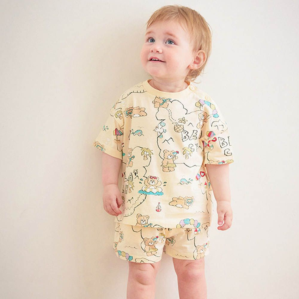 海灘熊熊純棉短袖套裝-奶油米