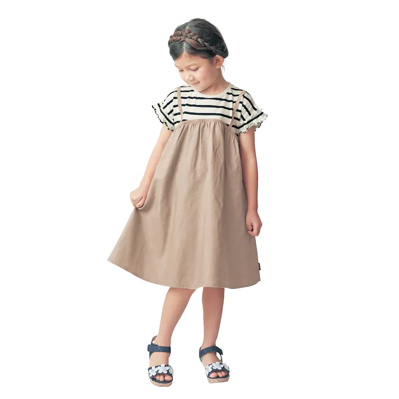 日本千趣會 - 假兩件吊帶棉麻透氣荷葉袖洋裝-條紋x卡其