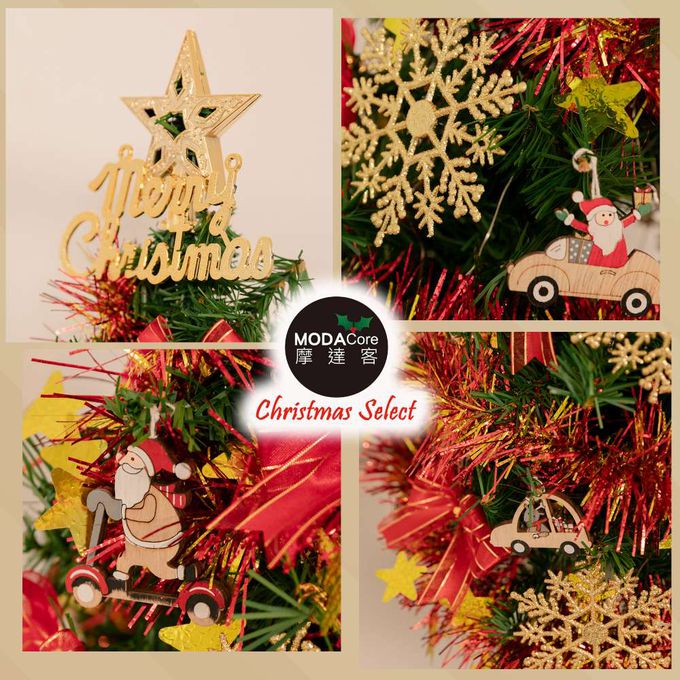 MODACore 摩達客 - 摩達客2尺/2呎(60cm)精緻型裝飾綠色聖誕樹/金雪花木質吊飾紅系飾品組+50燈LED銅線燈串暖白光-USB電池盒兩用充電/本島免運費