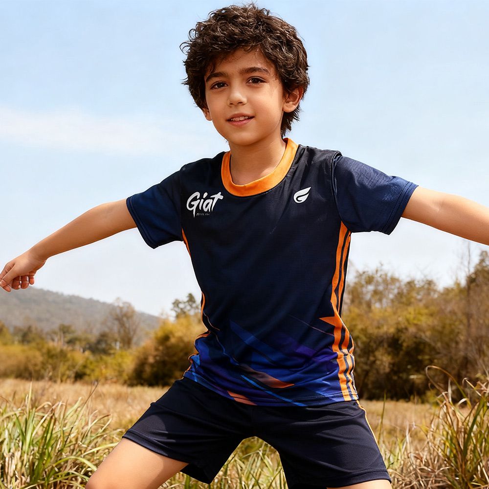 兒童設計款吸濕排汗休閒運動衣-短袖-流光速/橘黑