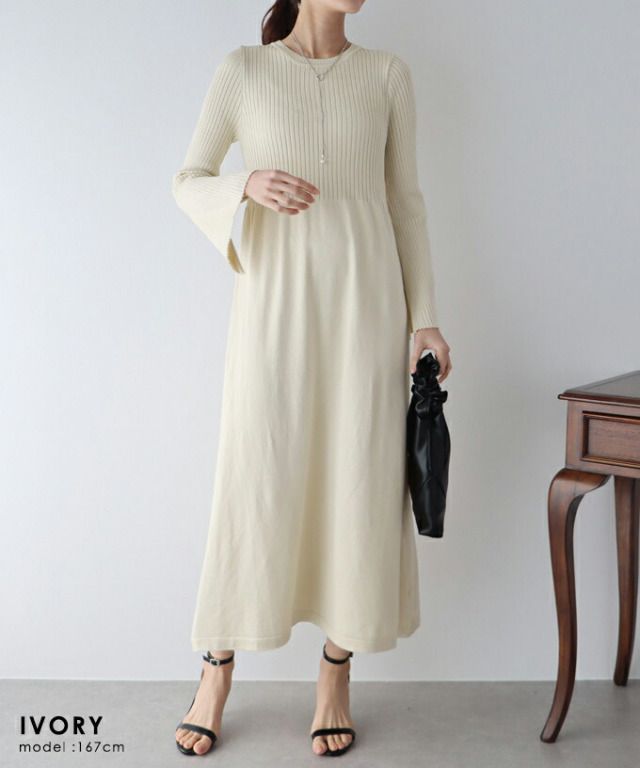 日本 BLUE EAST - 優雅花瓣袖羅紋針織洋裝-粉膚