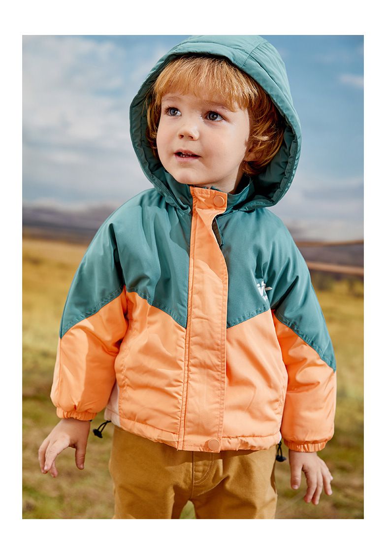 加厚連帽拼色羽絨外套-橘+綠