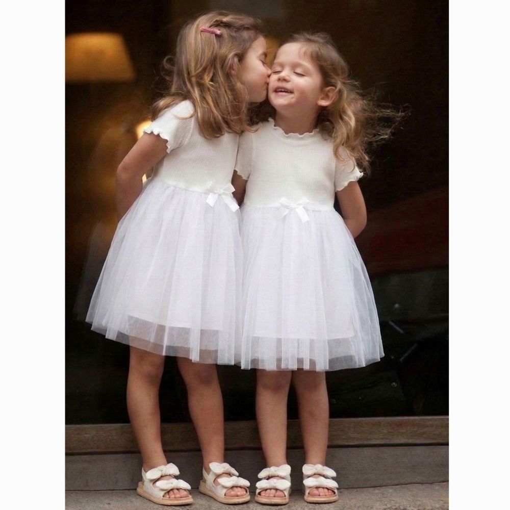 日常彈性網紗層次公主洋裝-白