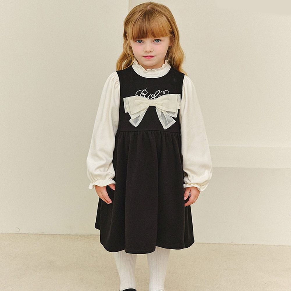 (內刷毛)優雅小淑女假兩件洋裝-白X黑