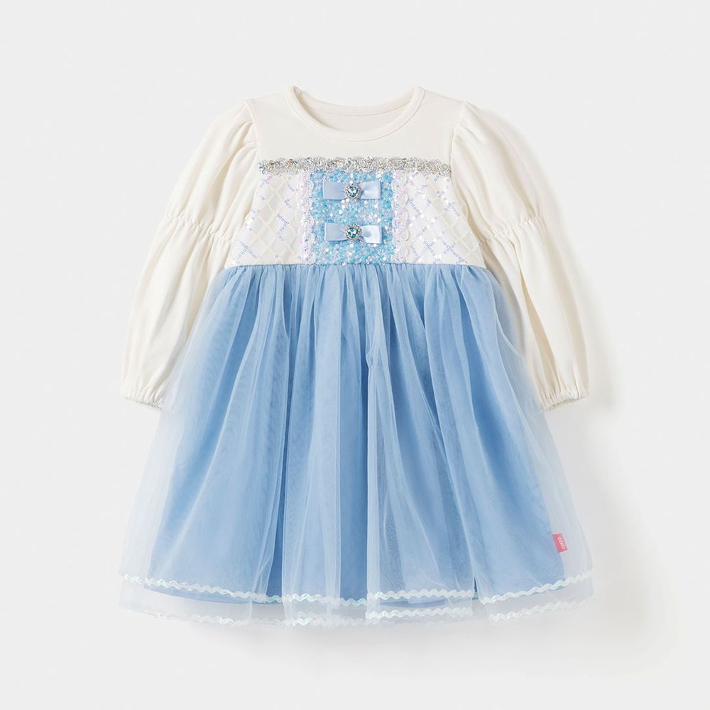 吸睛鑽飾點綴網紗長袖公主洋裝-白X藍