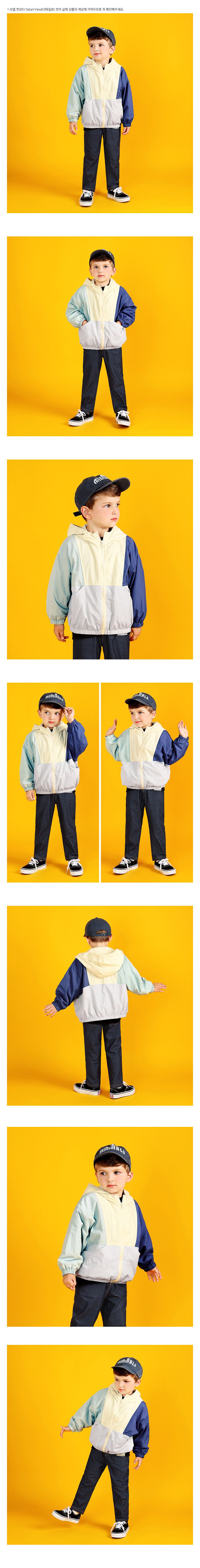 韓國 WALTON kids - 色塊口袋連帽防風外套-灰綠X米X藍