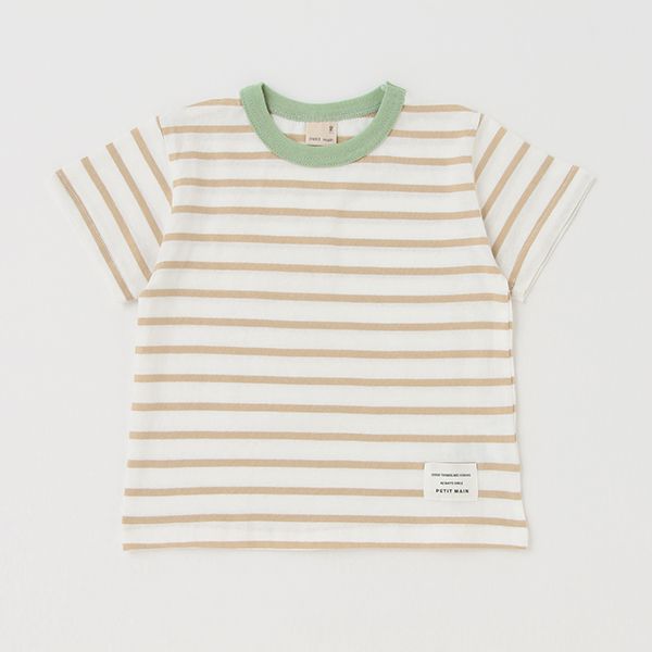 日本 petit main - 百搭印花短袖上衣-恐龍線條-卡其黃