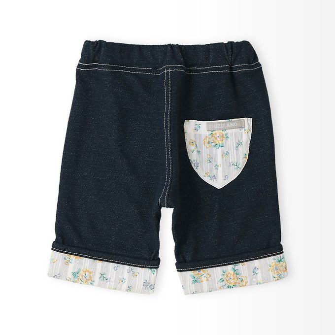 日本 ZOOLAND - 甜美花卉反摺短褲-海軍藍