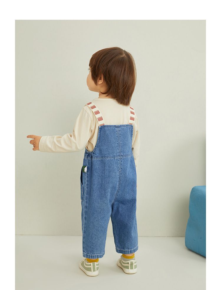 休閒條紋吊帶牛仔長褲-藍色