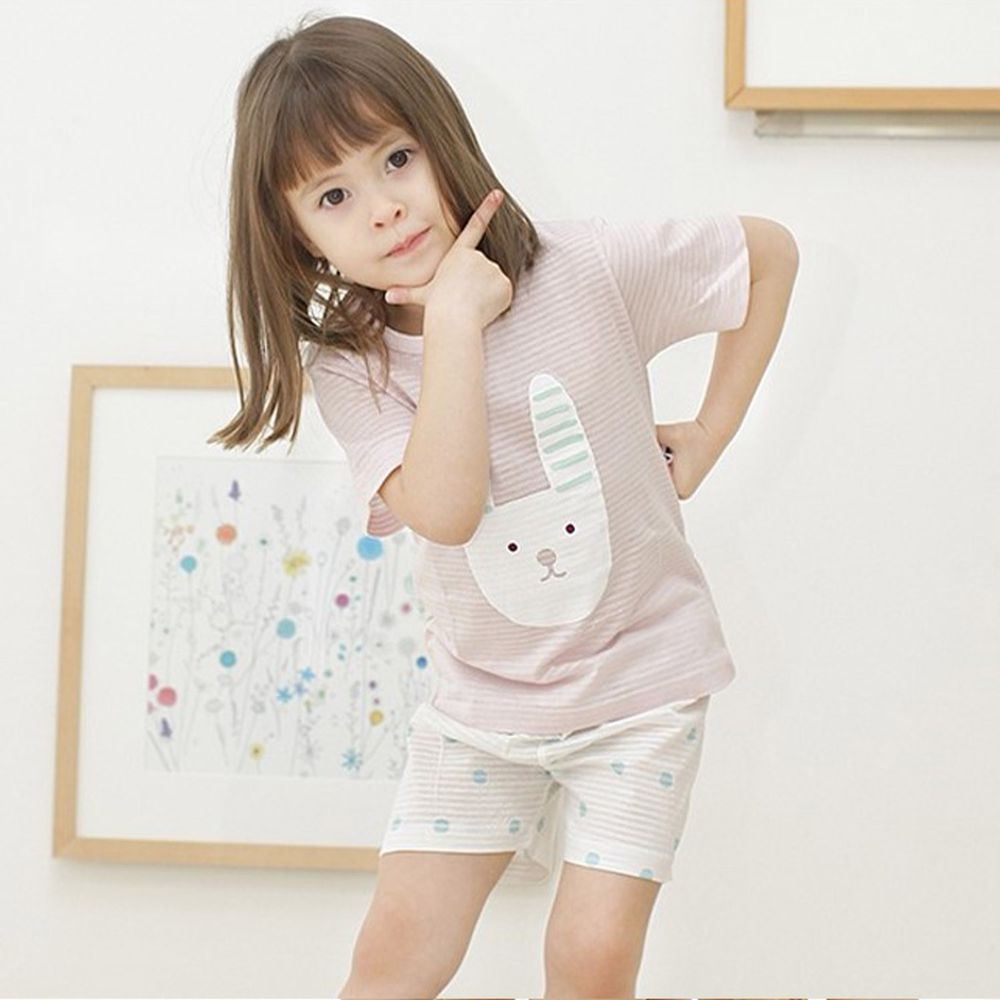 韓國Jota - 韓國製100%純棉短袖家居服-粉色條紋兔子