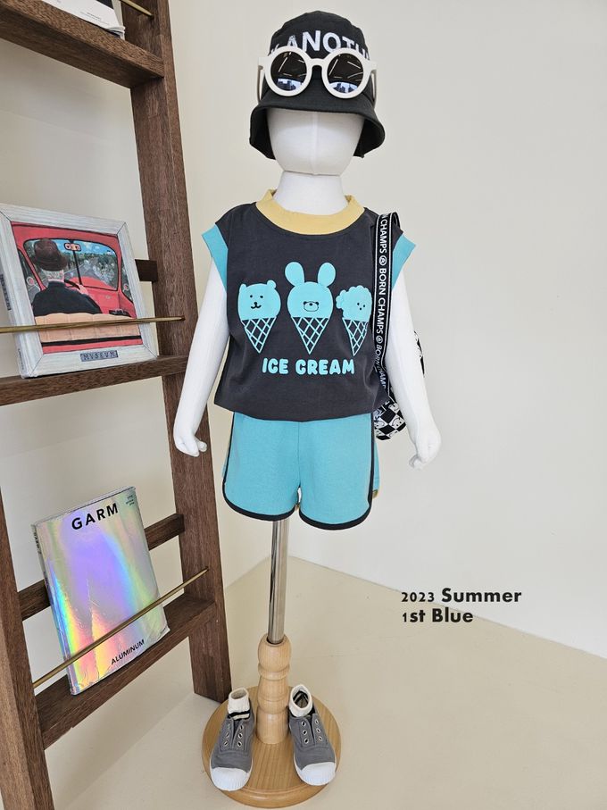 韓國 First Blue - 動物甜筒印無袖上衣-白X桃粉X藍綠