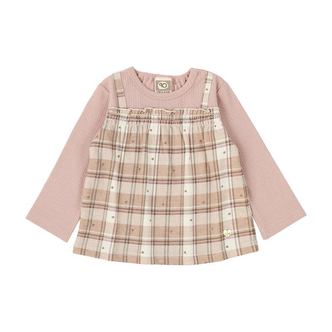 日本 ZOOLAND - 甜蜜愛心假二件格紋長袖上衣-格紋-米白