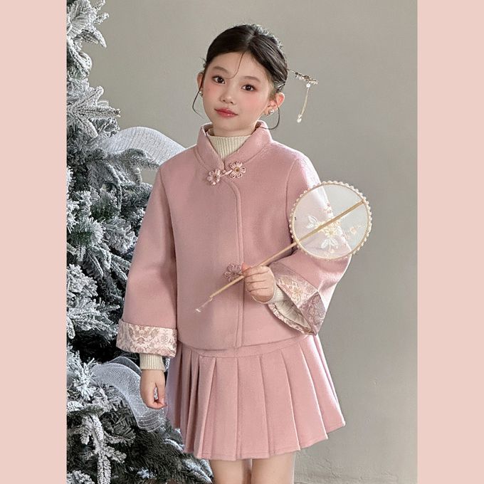 中式旗袍領盤扣毛呢外套百褶裙套裝