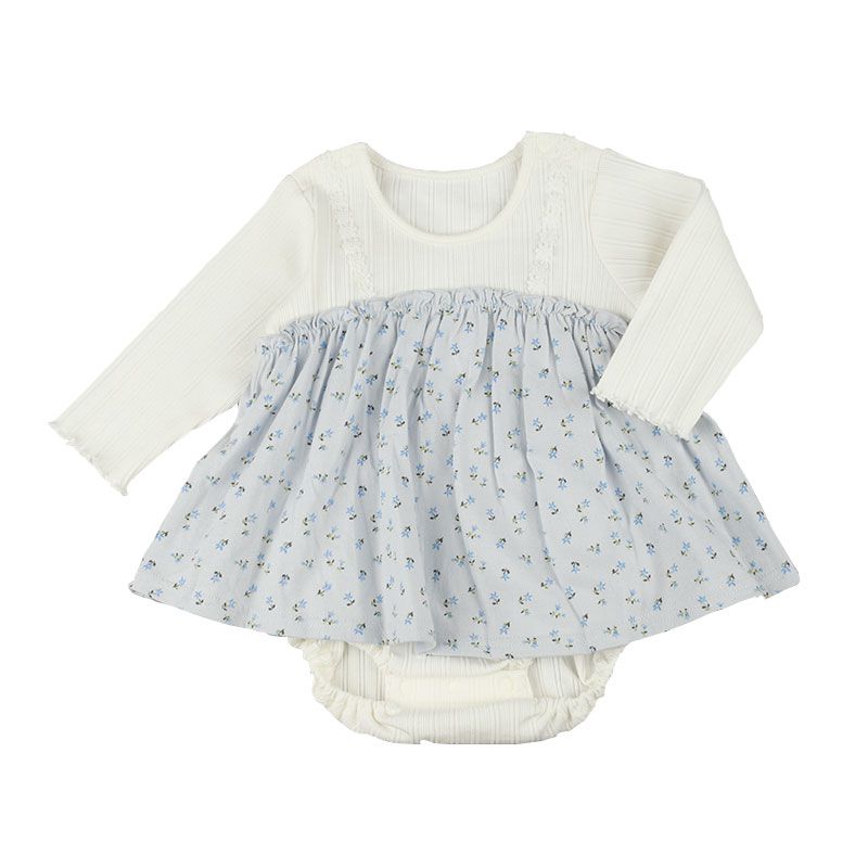 akachan honpo - 長袖外出包屁衣-小花-淺藍色